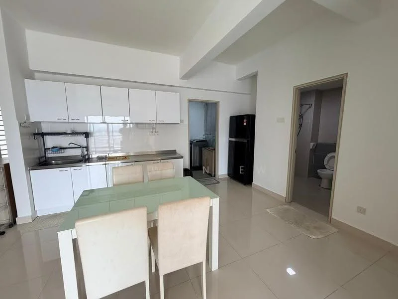 Kitchen features: white cabinetry, stainless-steel countertop, single-bowl stainless-steel sink, chrome pull-down faucet, built-in oven, freestanding fridge, 4-burner gas hob, tile flooring, window with natural light, open layout to dining area; style: modern. Room features: white painted walls, tile flooring, doorway leading to bathroom.