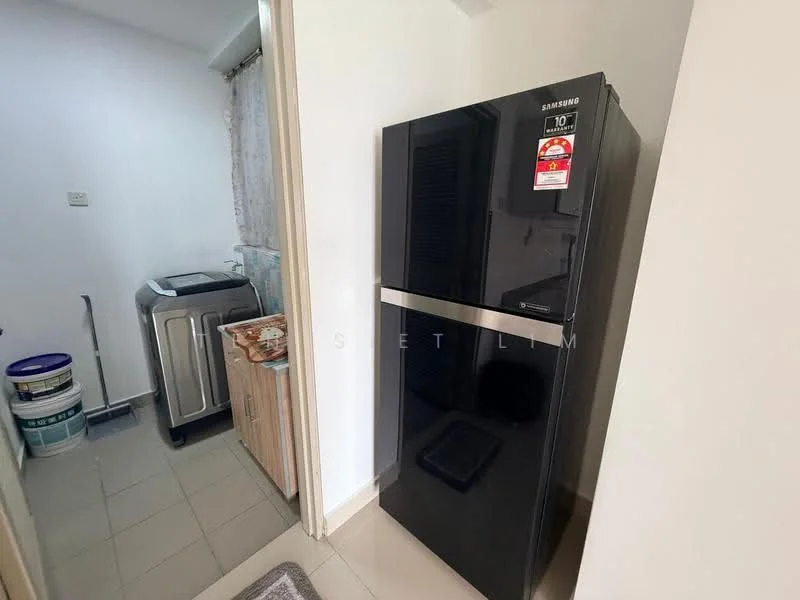 Laundry features: black stainless-steel fridge, top-load washing machine, light grey tiled flooring, white walls, window with sheer curtains, wooden cabinetry, paint cans, laundry area with utility space; style: modern.