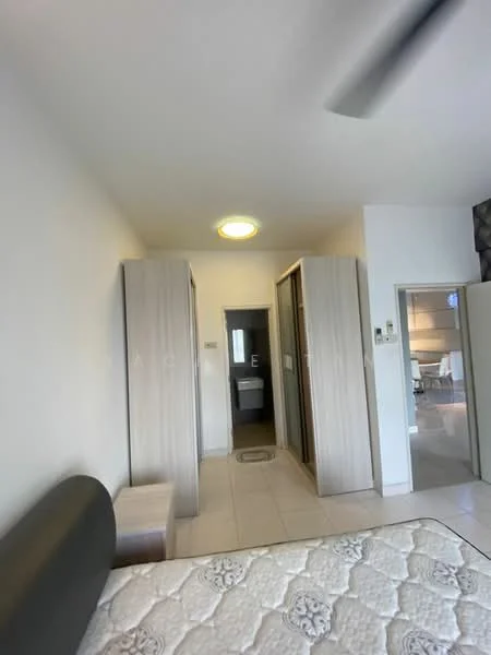 Room features: light-colored painted walls, tile flooring, ceiling fan, built-in wardrobes, doorway leading to bathroom, doorway leading to another room, round ceiling light fixture; style: modern.