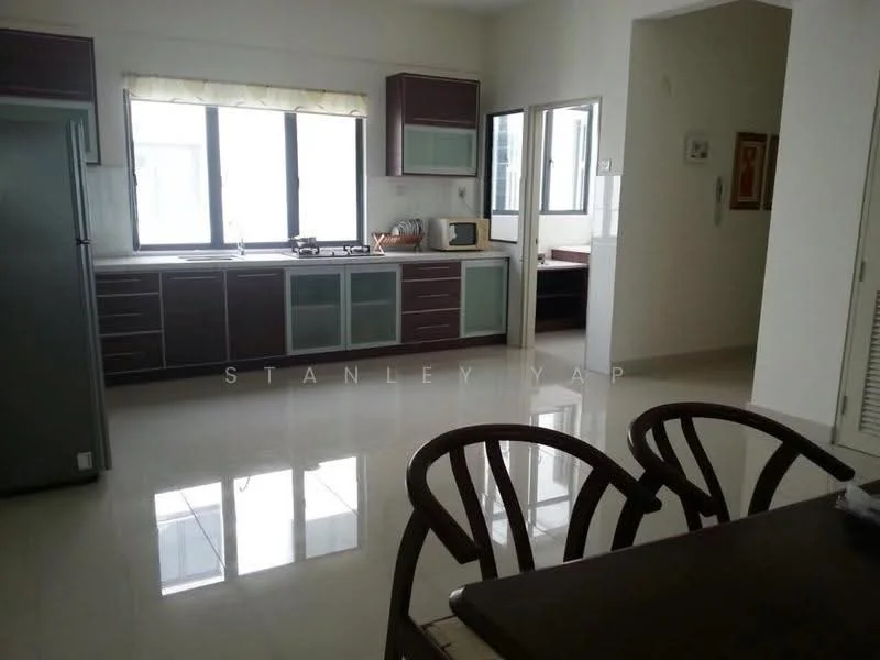 Kitchen features: white painted walls, glossy tile flooring, dark wood cabinetry, light green countertop, stainless-steel fridge, built-in gas stove, kitchen hood, double-bowl stainless-steel sink, window with sheer curtains, breakfast bar, wall-mounted microwave, open layout to dining area; style: modern.