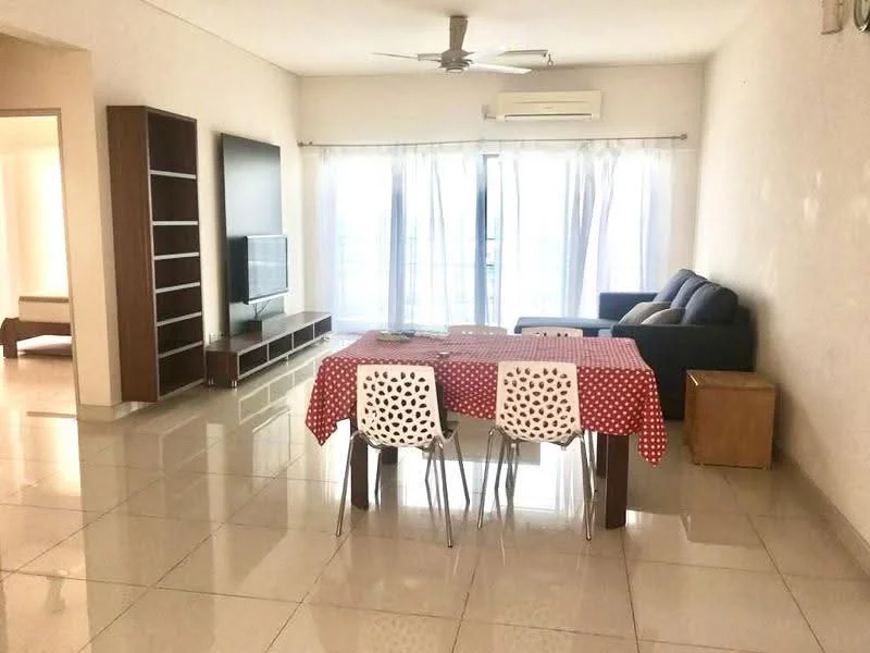 Living features: large floor-to-ceiling windows, grey fabric sofa, 3-seater sofa, white dining table with red polka dot tablecloth, 3 white chairs with polka dot pattern, TV console, wall-mounted TV, light-colored tiled flooring, ceiling fan, air conditioning unit, wooden side table; style: modern; view: city.