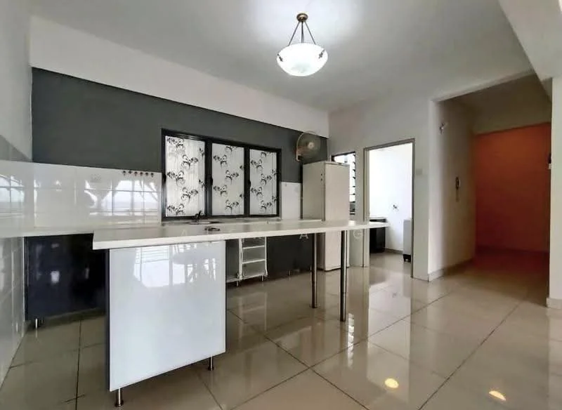 Kitchen features: white glossy cabinetry, grey accent wall, white countertop, stainless-steel fridge, built-in shelving unit, ceramic tile flooring, ceiling light fixture, window with decorative grille; style: modern. Room features: doorway leading to hallway, neutral wall color, tile flooring.