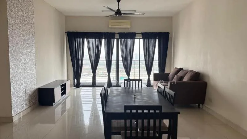 Living features: floor-to-ceiling windows, blackout curtains, 3-blade ceiling fan, light-colored walls, glossy tile flooring, brown fabric sofa, wooden coffee table, 4-seater dining table, TV console, decorative wall with patterned wallpaper, air conditioning unit; style: modern; view: city.