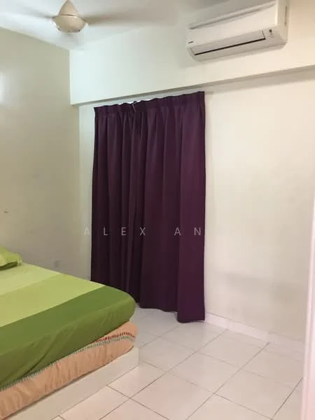 Bedroom features: green bedspread, white bed frame, purple curtains, white tiled flooring, wall-mounted split AC, plain white walls, ceiling fan, single bed.