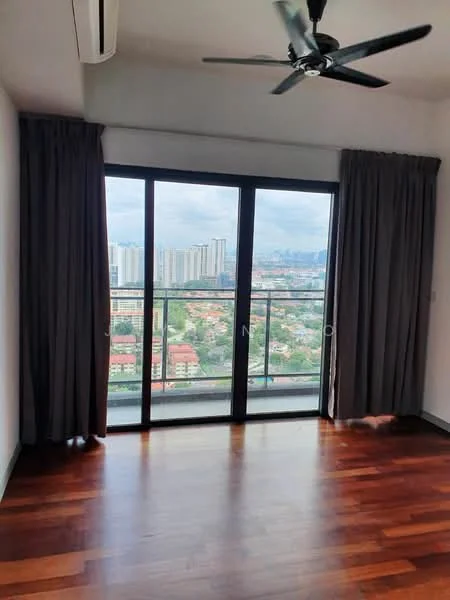 Room features: wooden flooring, floor-to-ceiling windows, grey curtains, 5-blade ceiling fan, city view, white painted walls; style: modern; view: city.