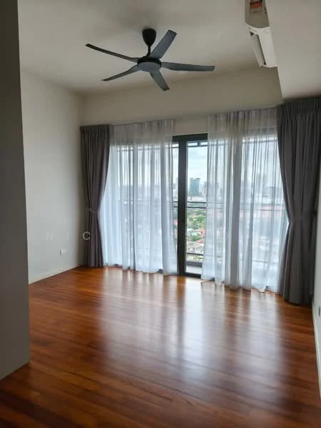 Room features: wooden flooring, floor-to-ceiling windows, sheer curtains, 5-blade ceiling fan, wall-mounted split AC, city view; style: modern; view: city.
