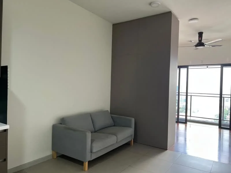 Living features: grey fabric sofa, light grey wall, dark grey feature wall, ceiling fan, large glass sliding door, floor-to-ceiling windows, tile flooring, natural light, open layout; style: modern; view: city.