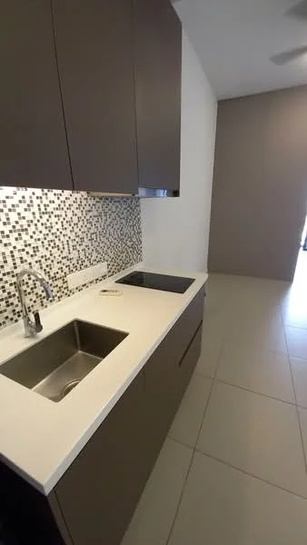 Kitchen features: single-bowl stainless-steel sink, chrome pull-down faucet, white quartz countertop, dark wood cabinetry, mosaic tile backsplash, ceramic tile flooring, recessed downlights, wall-mounted cabinets; style: modern.