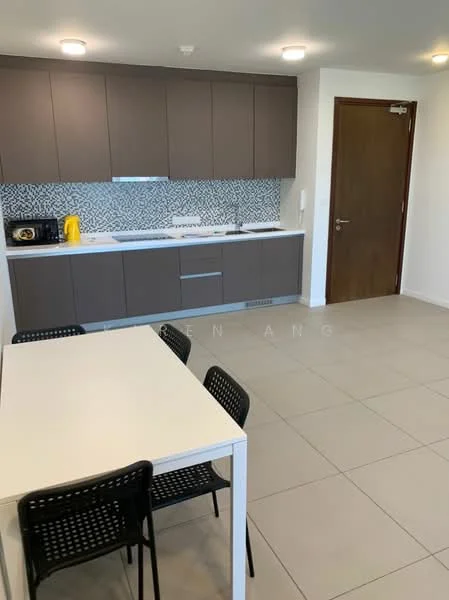 Kitchen features: grey cabinetry, white countertop, stainless-steel sink, chrome pull-down faucet, built-in microwave, freestanding range oven, black dining table, four black chairs, geometric tile backsplash, tile flooring, recessed downlights; style: modern.