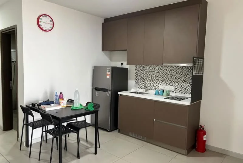 Kitchen features: brown cabinetry, white countertop, mosaic tile backsplash, stainless-steel sink, chrome pull-down faucet, built-in stove, stainless-steel fridge, dining table with four black chairs, fire extinguisher, clock on wall, ceramic tile flooring; style: modern.