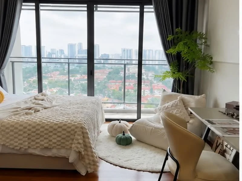 Bedroom features: king-size bed with white bedding, floor-to-ceiling windows, city skyline view, wooden flooring, beige upholstered chair, white round area rug, bean bag chair, decorative plant, white bedside table, decorative pumpkins; style: modern; view: city.