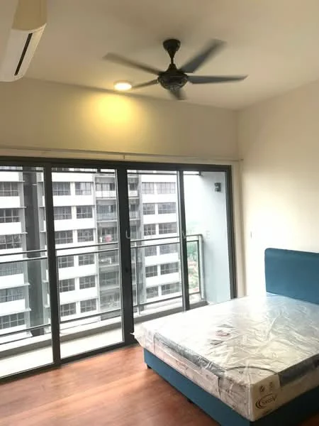 Bedroom features: queen-size bed, 5-blade ceiling fan with light, floor-to-ceiling windows, sliding glass door, wooden flooring, balcony access, white painted walls, recessed downlights; style: modern; view: city.