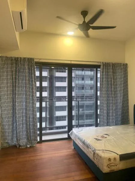 Bedroom features: wooden flooring, 5-blade ceiling fan, floor-to-ceiling windows, sliding glass door, sheer curtains, balcony view, queen-size bed, mattress with protective cover, wall-mounted split AC; style: modern; view: city.