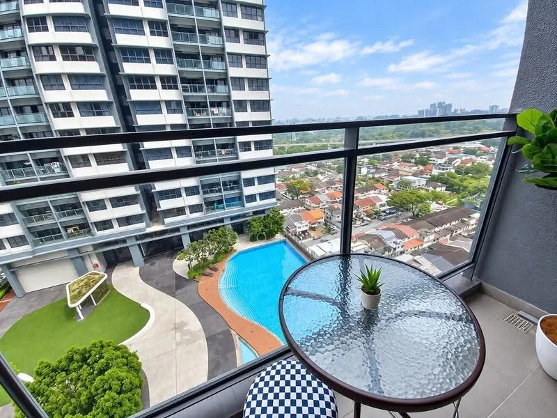 Balcony features: glass railing, round glass-top table, checkered blue and white chair, potted plant, tile flooring, view of swimming pool, view of surrounding neighborhood, outdoor space; style: modern; view: pool.