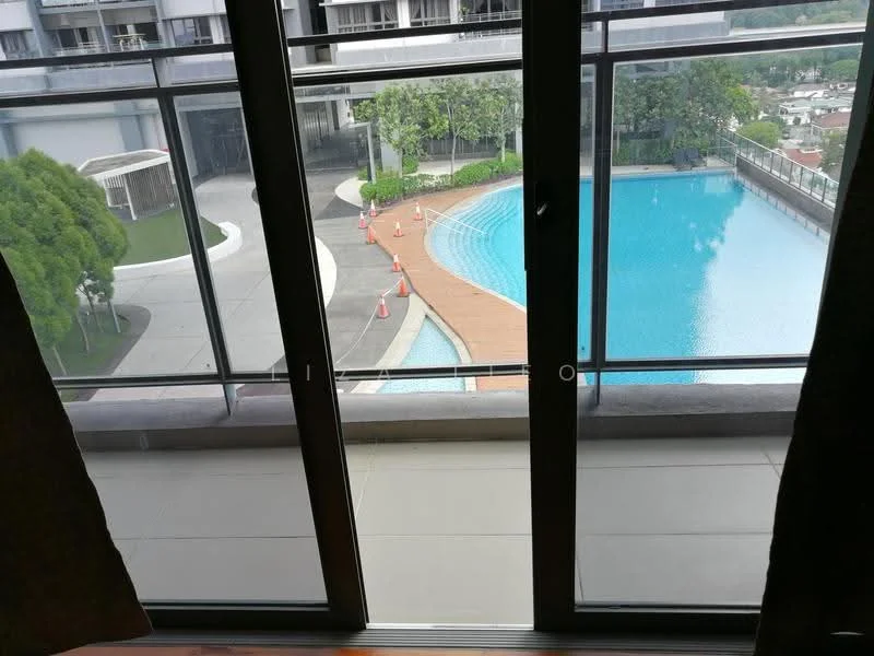 Room features: floor-to-ceiling windows, sliding glass door, view of swimming pool, view of landscaped garden, concrete flooring, balcony area; style: modern; view: pool.