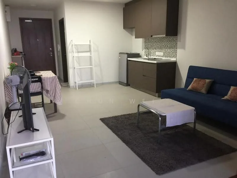 Living features: blue fabric sofa, coffee table with white top, area rug in brown, TV console, wall-mounted TV, floor tiles in light grey, refrigerator, kitchenette with dark wood cabinetry, white backsplash tiles, stainless-steel sink, single-bowl stainless-steel sink, kitchen countertop, dining table with checkered tablecloth, open shelving unit, ceiling light fixture; style: modern.