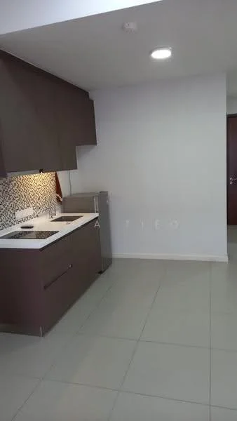 Kitchen features: brown cabinetry, white countertop, stainless-steel sink, chrome pull-down faucet, built-in stove, backsplash with mosaic tile pattern, refrigerator, tile flooring, recessed downlights, neutral painted walls; style: modern.