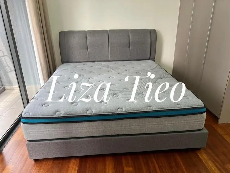 Bedroom features: queen-size bed, upholstered headboard, grey fabric bed frame, mattress with tufted design, wooden flooring, built-in wardrobe, floor-to-ceiling windows, balcony access; style: modern.