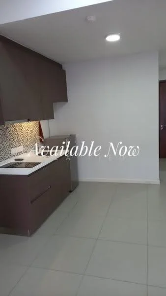 Kitchen features: brown cabinetry, white countertop, stainless-steel sink, chrome faucet, mosaic tile backsplash, built-in oven, freestanding range oven, ceramic tile flooring, recessed downlights; style: modern.