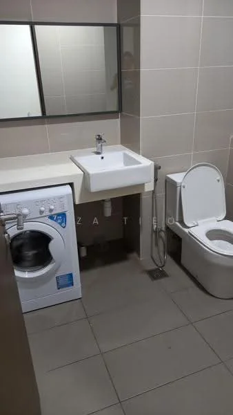 Bathroom features: white ceramic toilet, single-bowl ceramic sink, chrome faucet, front-load washing machine, mirror above sink, beige tiled walls, grey tiled flooring, wall-mounted cabinet, plumbing fixtures visible; style: modern.