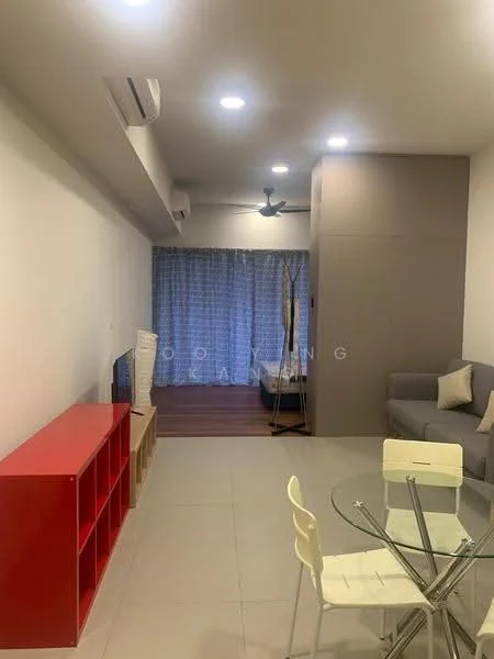 Living features: light grey fabric sofa, round glass dining table, white dining chairs, red storage unit, TV console, floor-to-ceiling window with sheer curtains, wall-mounted split AC, ceiling fan, light-colored tiled flooring, neutral painted walls, wooden flooring visible in background; style: modern.