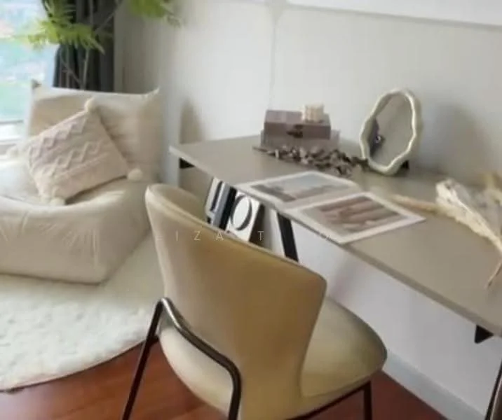 Study features: wood flooring, white painted walls, large window with city view, modern desk, beige chair, decorative items on desk, area rug, potted plant; style: modern; view: city.