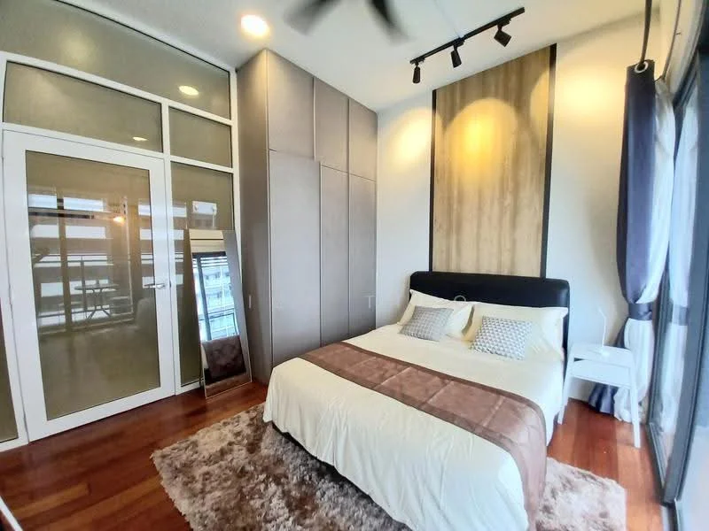 Bedroom features: king-size bed with upholstered headboard, white bedding with brown throw, wooden flooring, recessed downlights, track lighting, floor-to-ceiling windows, sheer curtains, built-in wardrobe with sliding doors, decorative mirror, area rug with geometric pattern; style: modern; view: city.