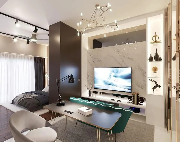 Living features: grey fabric sofa, wooden coffee table, wall-mounted TV, marble feature wall, shelf with decorative items, chandelier with multiple bulbs, recessed lighting, floor-to-ceiling windows with sheer curtains, wooden flooring, green accent chair, desk lamp, gaming console; style: modern.