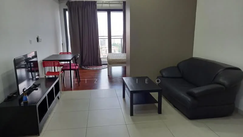 Living features: black leather sofa, coffee table, TV console, wall-mounted TV, wooden flooring, large windows with city view, curtains, area rug, dining table with red chairs; style: modern; view: city. Room features: white painted walls, tile flooring.