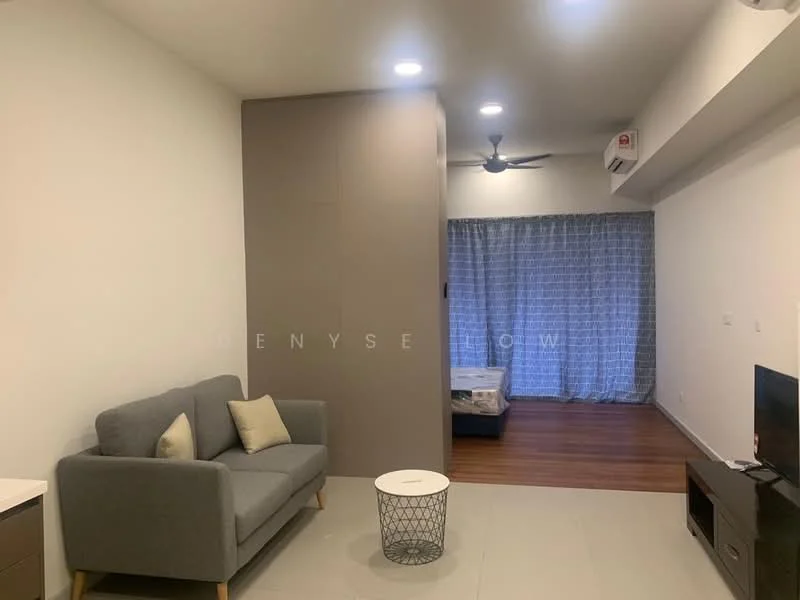 Living features: grey fabric 3-seater sofa, white round coffee table, wall-mounted TV, wooden flooring, recessed downlights, ceiling fan, light grey wall, curtains with blue pattern; style: modern. Room features: light grey wall, wooden flooring, curtains with blue pattern.