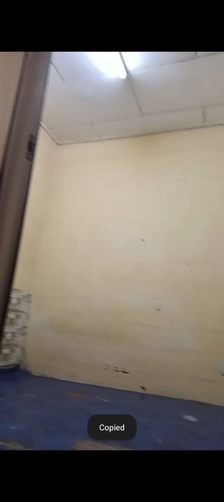 Room features: yellow painted walls, plain ceiling, fluorescent ceiling light, blue carpet flooring, exposed brick section, no visible furniture or decor.