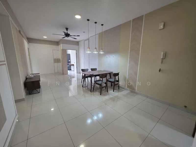 Dining features: 4-seater dining table, wooden dining chairs, white tiled flooring, cream painted walls, ceiling fan with light, recessed lighting, wall-mounted intercom, decorative wall paneling; style: modern. Room features: open layout, natural light from windows, neutral color scheme.
