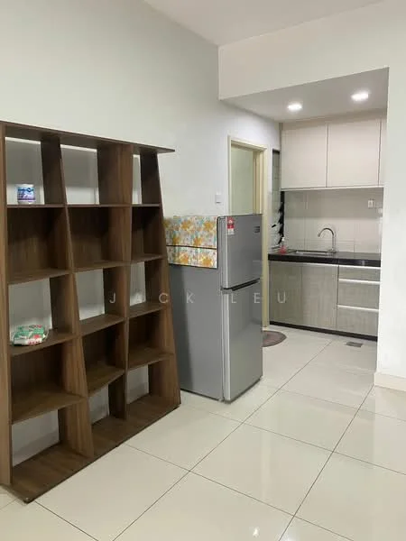 Kitchen features: grey cabinetry, white countertop, stainless-steel sink, chrome pull-down faucet, built-in oven, stainless-steel fridge, ceramic tile flooring, recessed downlights, wall-mounted shelving unit, decorative backsplash with floral pattern; style: modern.