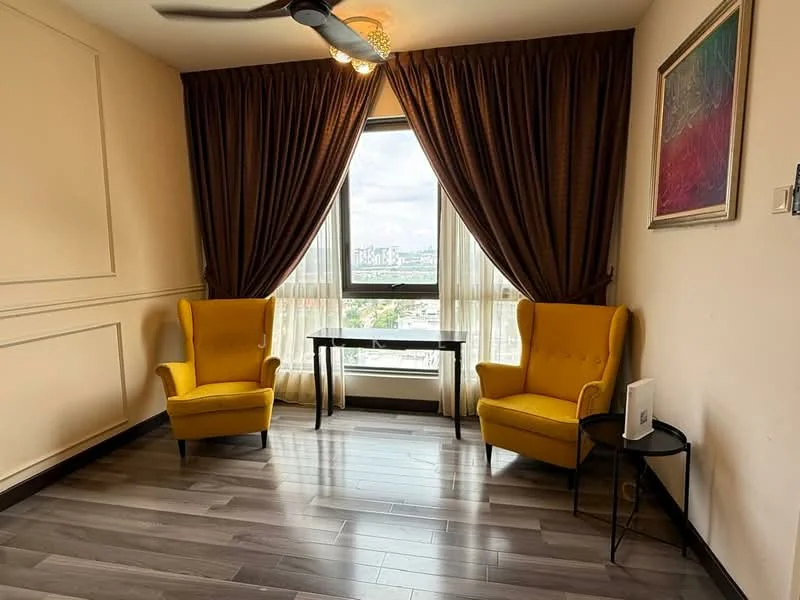 Living features: two yellow upholstered armchairs, black side table, floor-to-ceiling window, sheer curtains, dark brown heavy drapes, wooden flooring, decorative wall paneling, ceiling fan with light; style: modern; view: city.
