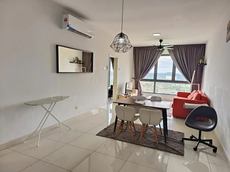 Living features: white painted walls, glossy tile flooring, 5-blade ceiling fan with light, pendant lamp, floor-to-ceiling windows, curtains, red fabric sofa, dining table with 4 chairs, area rug, TV console, wall-mounted TV, decorative wall mirror; style: modern; view: mountain.