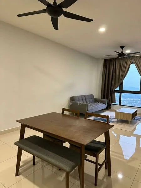 Dining features: wood dining table, 2 wooden chairs, bench seating, white walls, tile flooring, 5-blade ceiling fan, 5-blade ceiling fan, large window with city view, curtains, sofa in grey fabric, coffee table, area rug; style: modern; view: city.