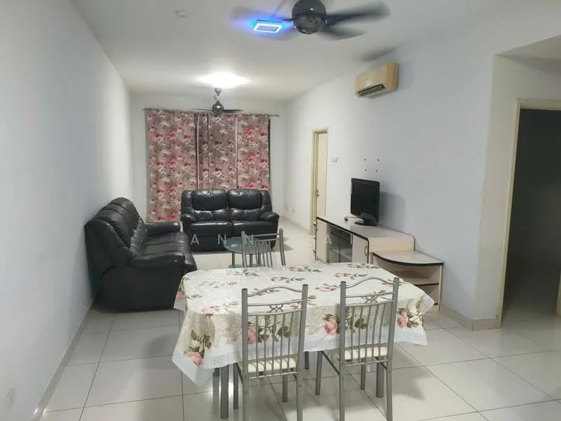 Living features: 3-seater leather sofa in black, 2-seater leather sofa in black, dining table with floral tablecloth, 4 dining chairs, wall-mounted TV, TV console, ceiling fan with light, air conditioning unit, curtains with floral pattern, white painted walls, glossy tile flooring, recessed lighting; style: modern.