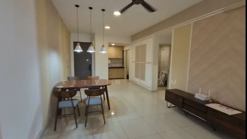 Dining features: dining table with 4 chairs, pendant lighting above table, white walls, cream accent wall, polished tile flooring, ceiling fan, wooden sideboard, open layout to kitchen, wall-mounted TV, decorative wall paneling; style: modern. Kitchen features: kitchen cabinetry, countertop, built-in appliances, open layout to dining area; style: modern.