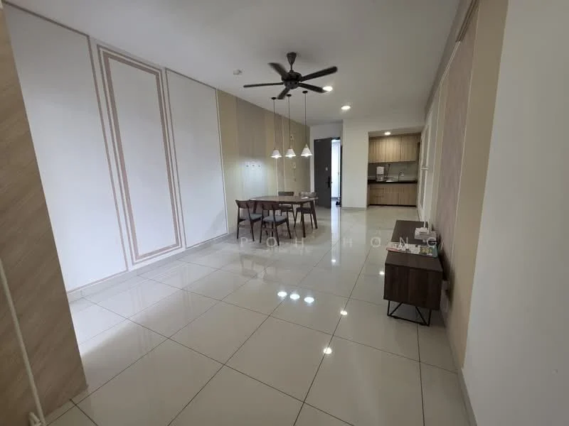 Dining features: white painted walls, cream accent wall with decorative trim, glossy ceramic tile flooring, 5-blade ceiling fan with light, 3 pendant lights above dining table, wooden dining table with 4 chairs, sideboard cabinet, open layout to kitchen, large windows for natural light; style: modern. Kitchen features: wood cabinetry, stainless-steel appliances, countertop with bar seating, open layout to dining area; style: modern.