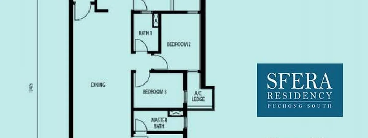 Floor plan: 3-bedroom 2-bathroom unit; features: open-plan dining, master bedroom with ensuite bathroom, bedroom 2 with shared bathroom, AC ledge, utility room, central foyer.