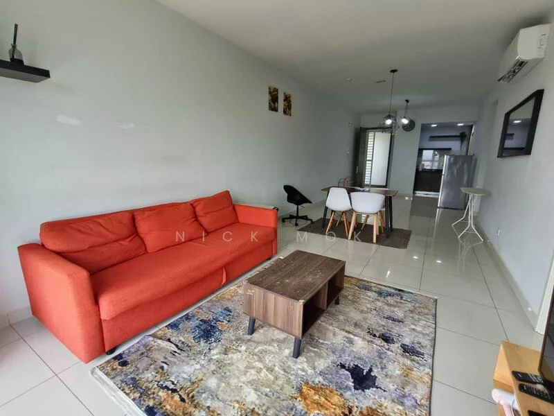 Living features: orange fabric sofa, coffee table with wooden legs, area rug with geometric pattern, white dining table with four chairs, black dining chair, wall-mounted shelf, recessed downlights, glossy tile flooring, air conditioning unit, neutral painted walls; style: modern.