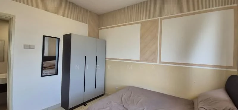 Bedroom features: queen-size bed with beige bedding, upholstered headboard, built-in wardrobe with sliding doors, mirror on wall, wood panel accent wall, cream painted walls, light-colored flooring, decorative wall panels, nightstand with lamp; style: modern.