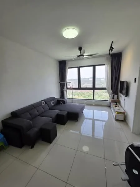 Living features: grey fabric sectional sofa, black ottoman, white wall, glossy white tile flooring, ceiling fan with light, floor-to-ceiling windows, curtains, wall-mounted TV, TV console, decorative wall panel; style: modern; view: city.