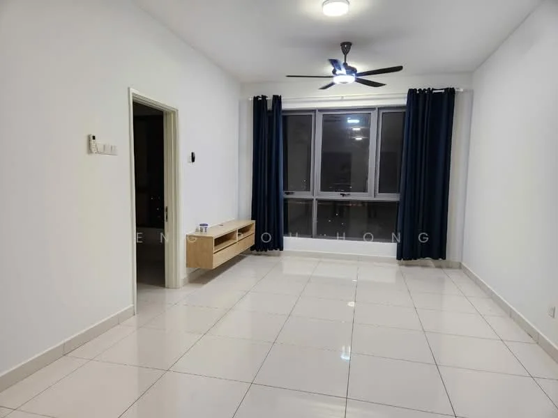 Living features: white painted walls, glossy ceramic tile flooring, 5-blade ceiling fan with light, floor-to-ceiling windows, dark blue curtains, wooden TV console, neutral color scheme, recessed lighting; style: modern. Room features: white painted walls, glossy ceramic tile flooring.