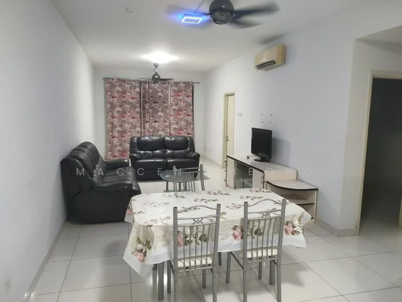 Living features: black leather 3-seater sofa, black leather 2-seater sofa, white dining table with floral tablecloth, 4 metal dining chairs, flat-screen TV on wooden console, air conditioning unit on wall, ceiling fan with light, large window with floral curtains, white painted walls, glossy tile flooring; style: modern.