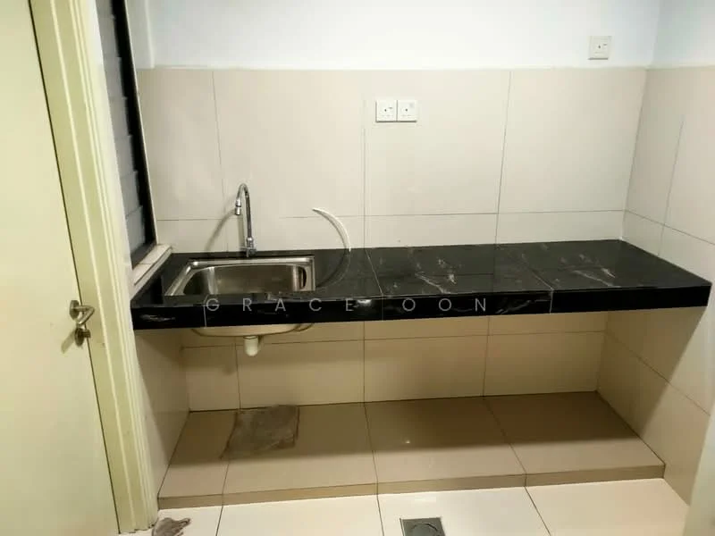 Room features: single-bowl stainless-steel sink, chrome pull-down faucet, black granite countertop, white tiled walls, cream tiled flooring, drainage hole in floor, window with black frame, wall-mounted electrical outlets; style: modern.