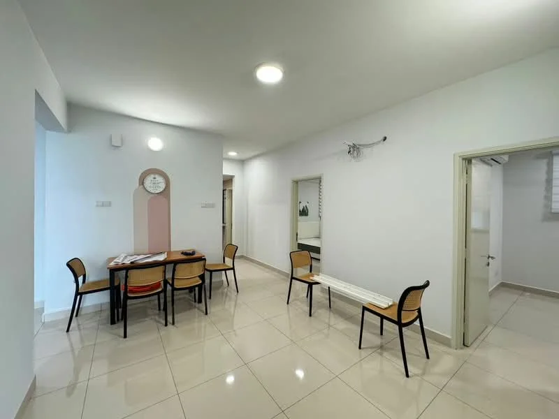 Dining features: square dining table, 4 dining chairs, white walls, glossy beige tile flooring, recessed ceiling lights, wall clock, doorway to adjacent room, bench seating, neutral color scheme; style: modern. Room features: white walls, glossy beige tile flooring, doorway to another room, wall-mounted light fixture.