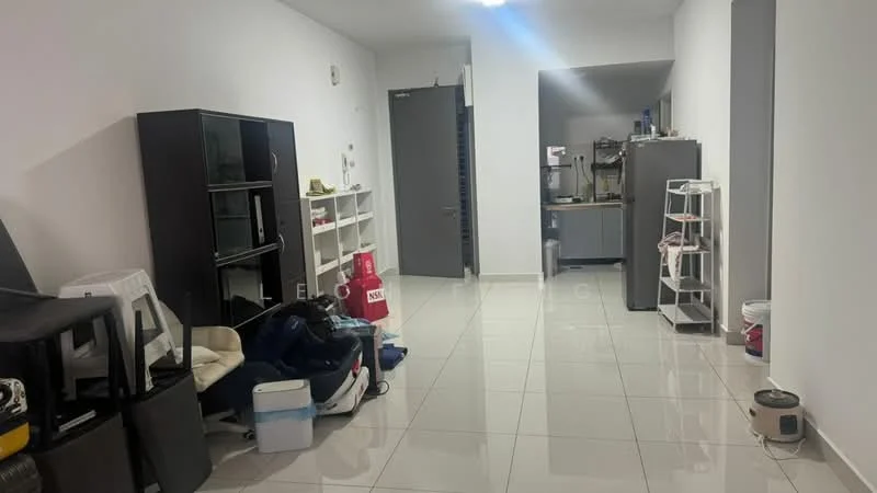 Room features: white painted walls, glossy ceramic tile flooring, recessed downlights, open shelving units, storage cabinets, kitchen area visible in background, neutral color scheme, cluttered with various items; style: modern.