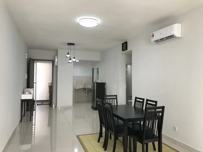 Dining features: black dining table with 4 chairs, white walls, glossy tile flooring, recessed ceiling lights, 1 wall-mounted split AC, area rug, pendant lighting, open layout to living area; style: modern. Room features: white walls, glossy tile flooring, doorway leading to hallway, doorway leading to kitchen, light fixture.