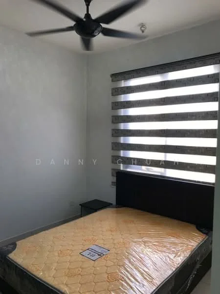 Bedroom features: queen-size bed with mattress, black headboard, ceiling fan, striped window blinds, light grey painted walls, tile flooring, nightstand, window with natural light; style: modern.